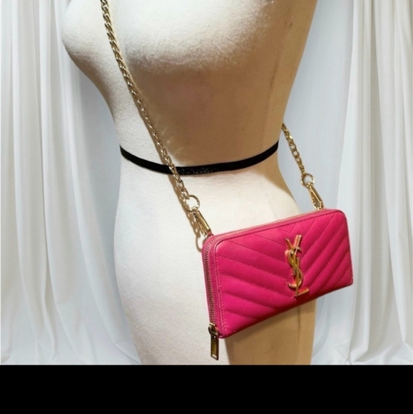 Saint Laurent YSL Monogram Zip Around Wallet with Chain Bubblegum - Picture 14 of 14